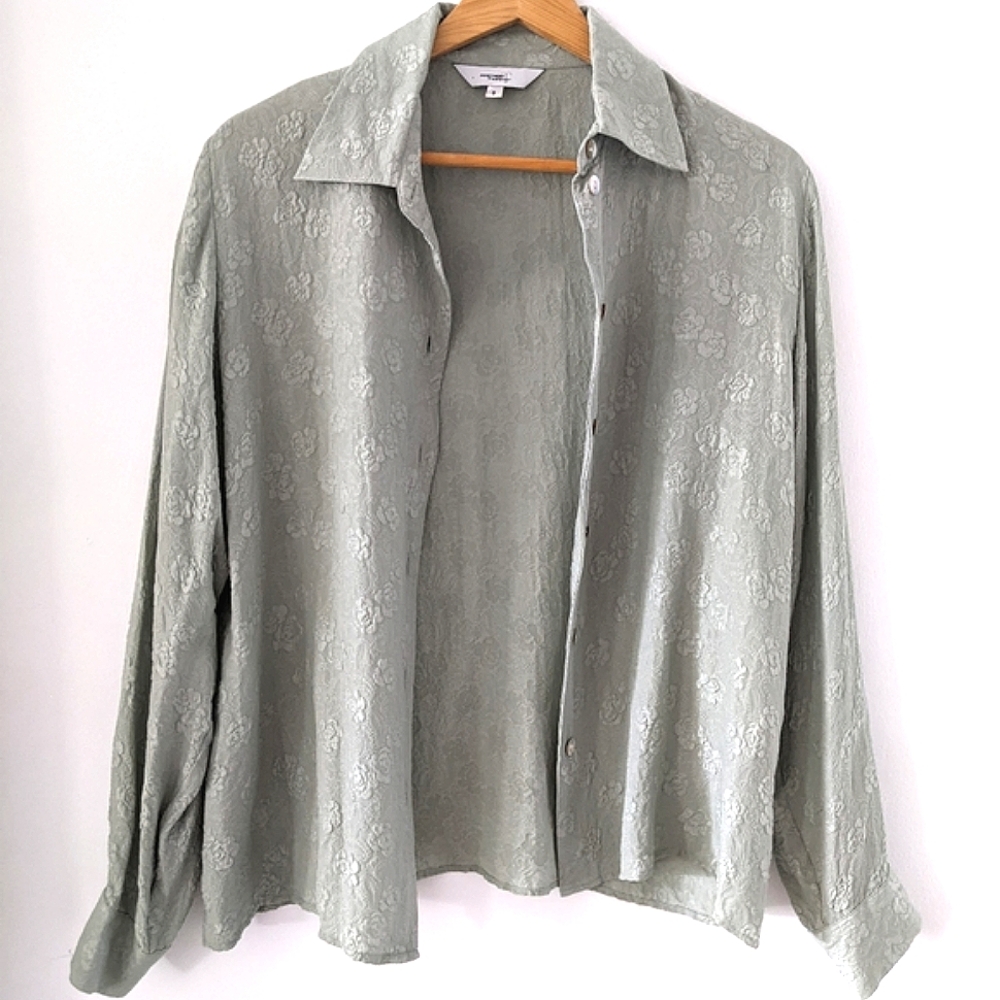 Sage Silk Cottagecore Embossed Floral Blouse